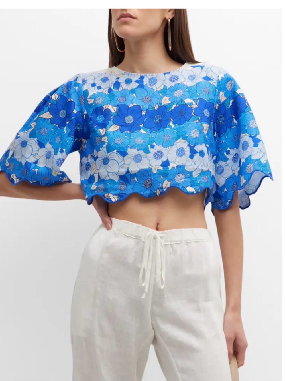 Farm Rio Blue Embellished Boxy Crop Blouse